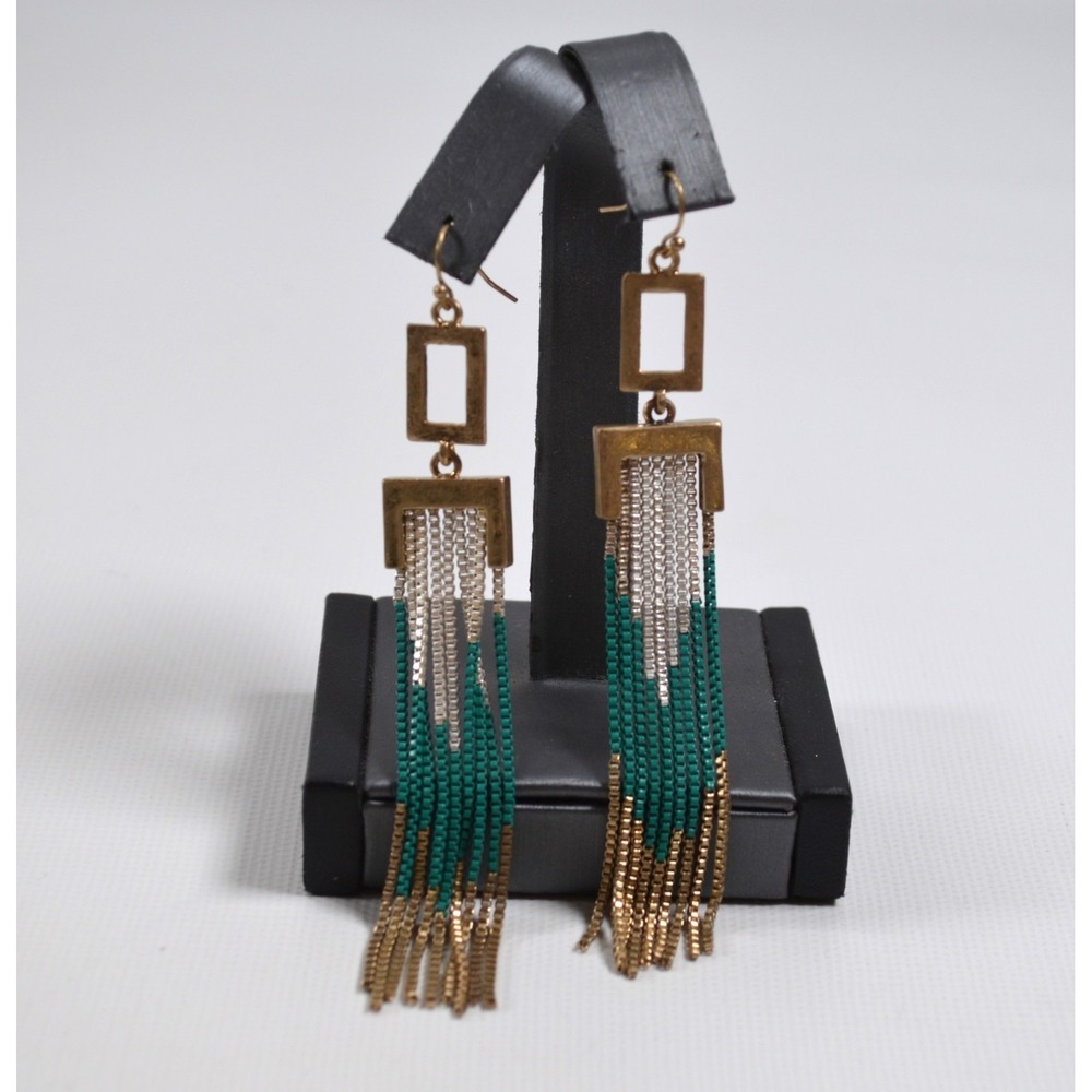 Vtg Pierced Hook Earrings w/ Box Chain Dangles Gold Silver Turquoise Color 4"